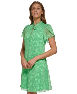DKNY - Women's Ruffled Tie-Neck Tulip-Sleeve Printed Dress