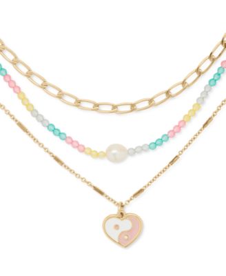 Lucky Brand - Gold-Tone Yin-Yang Heart & Imitation Pearl Rainbow Beaded Convertible Layered Pendant Necklace, 16" + 2" extender