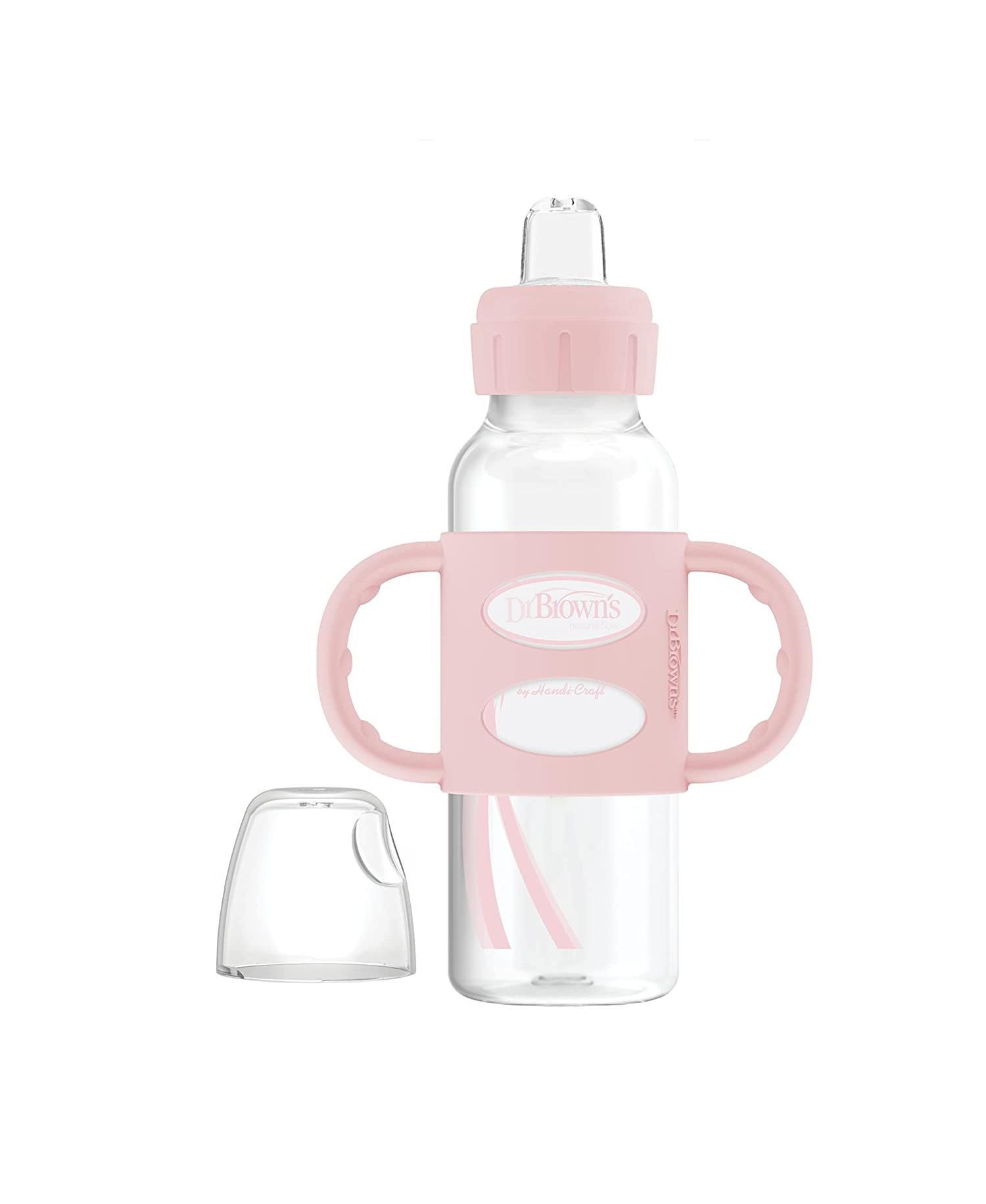 Baby Narrow Sippy Baby Bottle with 100% Silicone Handles, 8oz, Pink