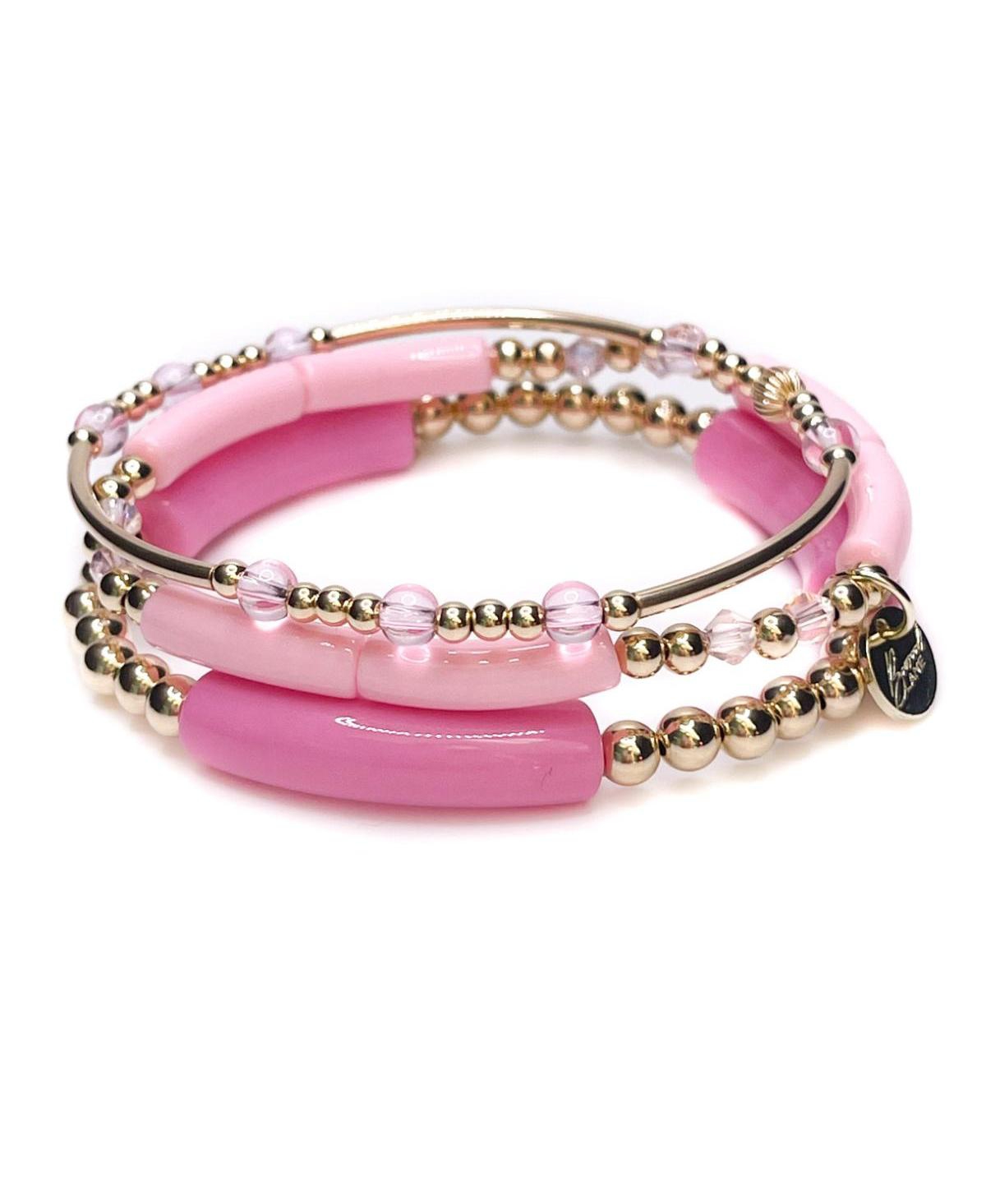 Non-Tarnishing Gold filled Ball , Gold Tube, and Acrylic Stretch Bracelet Stack, 3 Pieces - Pink