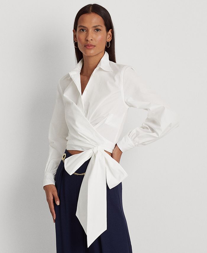 Lauren Ralph Lauren Women's Tie-Front Broadcloth Cropped Shirt - Macy's