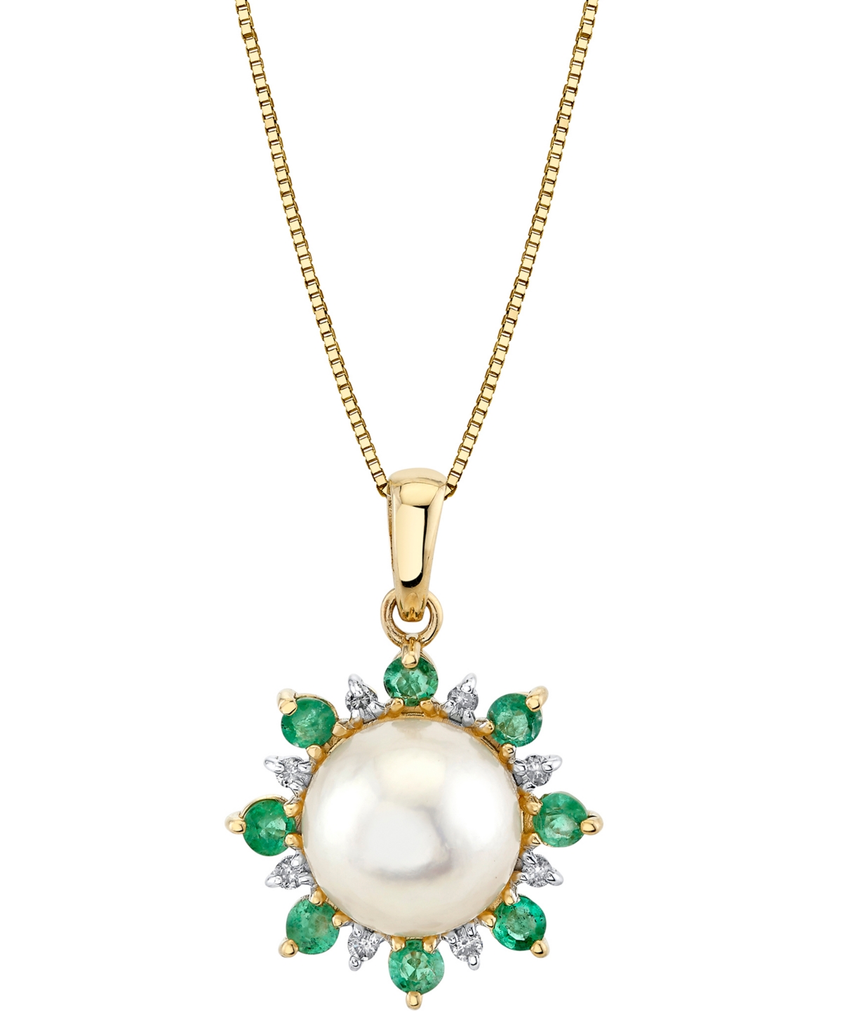 Macy's Cultured Freshwater Pearl (9mm), Emerald (1/2 Ct. T.w.) & Diamond Accent 18" Pendant Necklace In 14k In Gold
