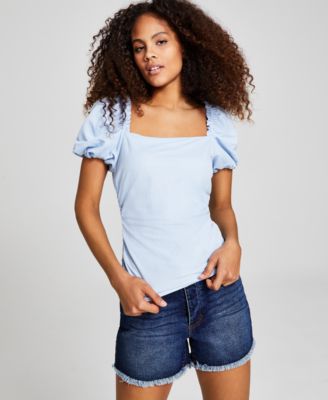 And Now This - Women's Ruched Square-Neck Puff-Sleeve Top