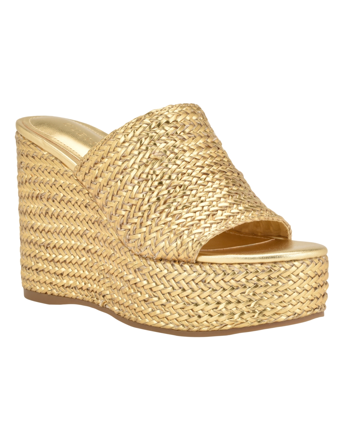 Shop Guess Women's Yenisa Platform Wedge Sandals In Gold Metallic Weave