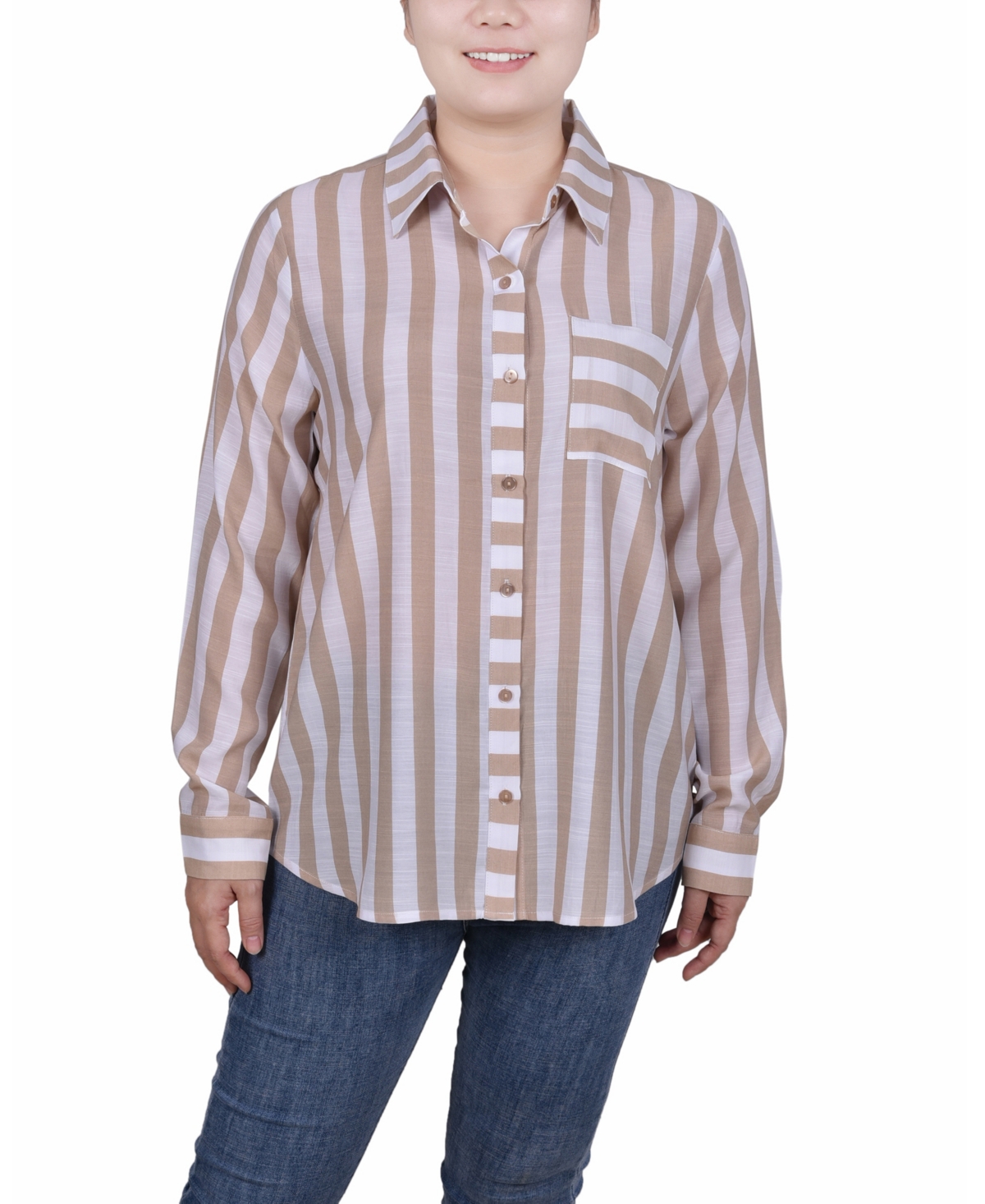 Ny Collection Petite Size Long Sleeve Striped Blouse Top In Doeskin White