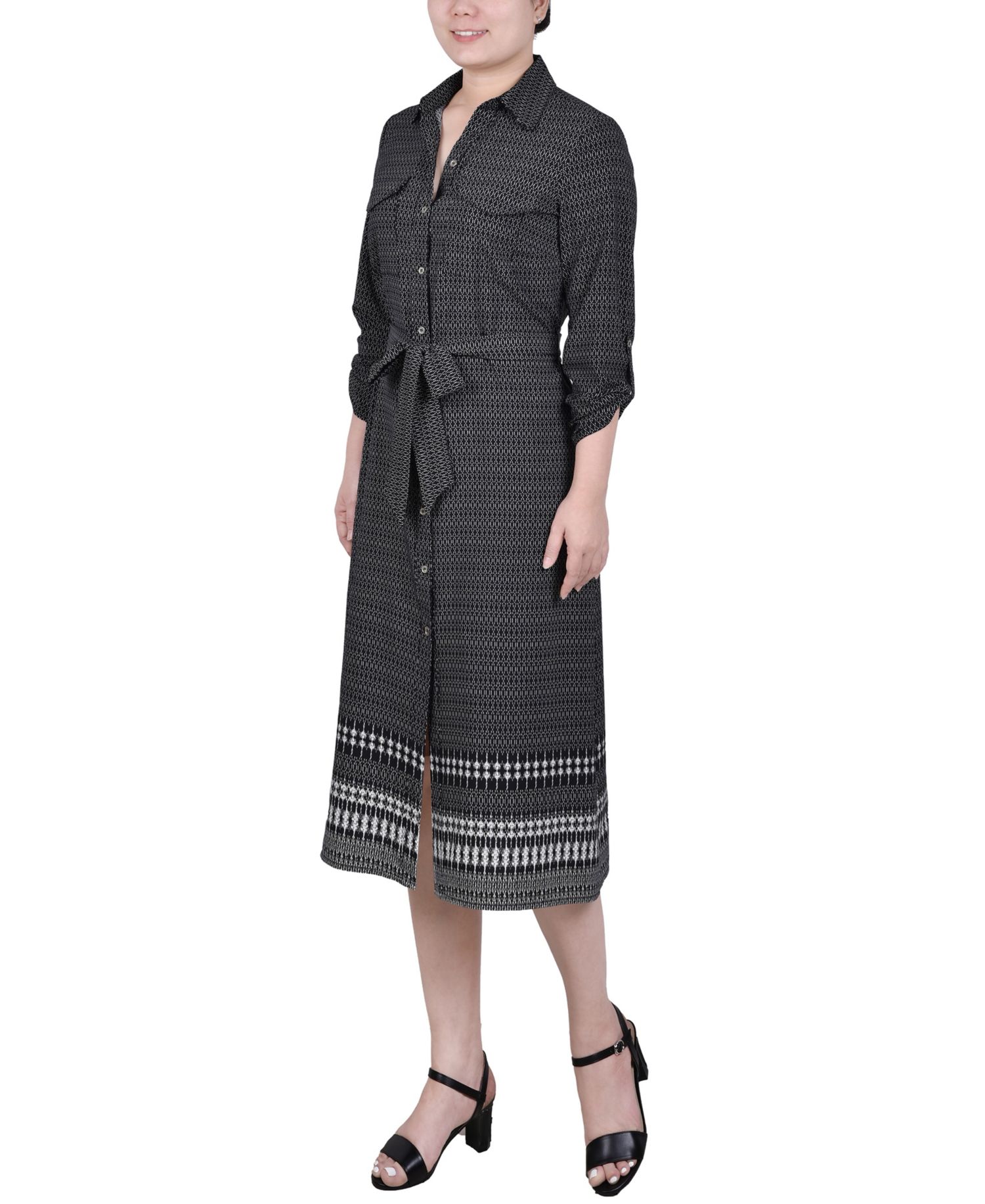 Petite 3/4 Roll Tab Sleeve Belted Shirtdress