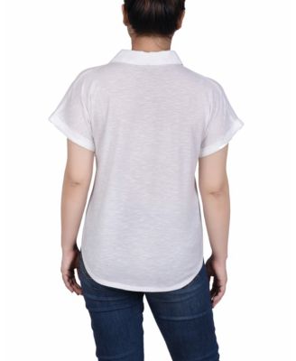 Petite Woven Front, Jersey Back Short Sleeve Top