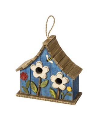 10.5'' H Distressed Solid Wood Birdhouse with 3D Flowers