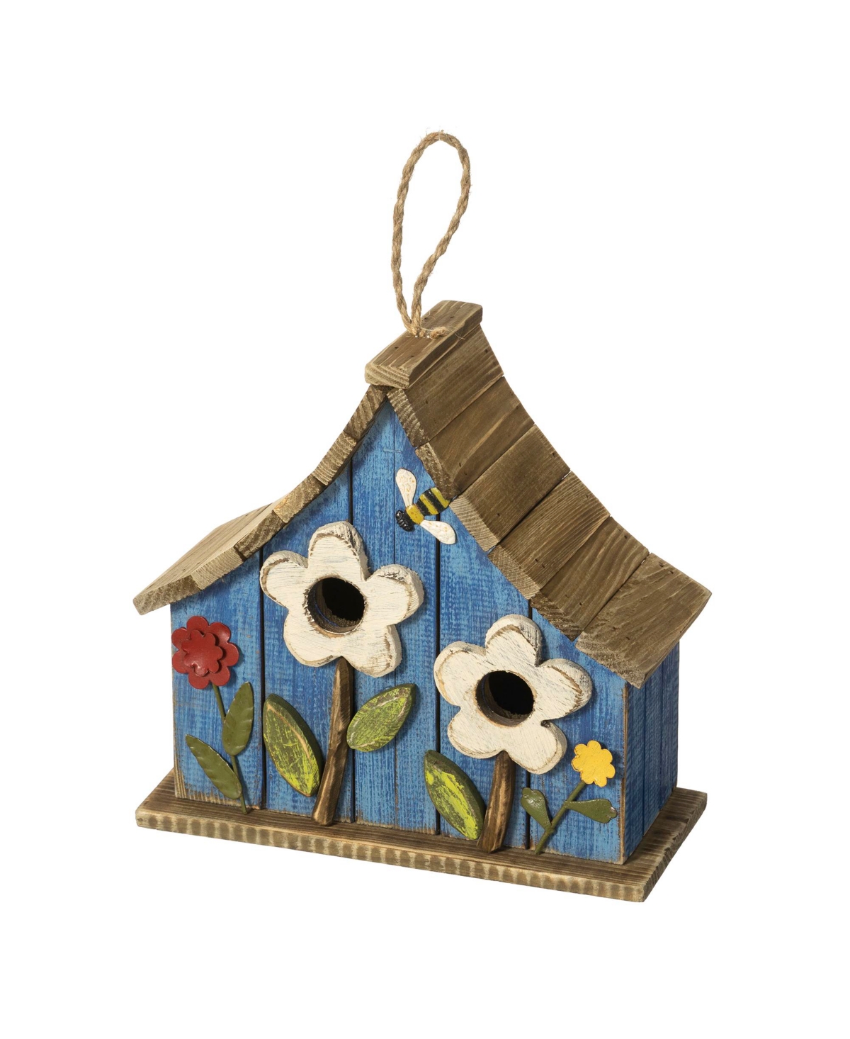 Glitzhome 10.5'' H Distressed Solid Wood Birdhouse with 3D Flowers