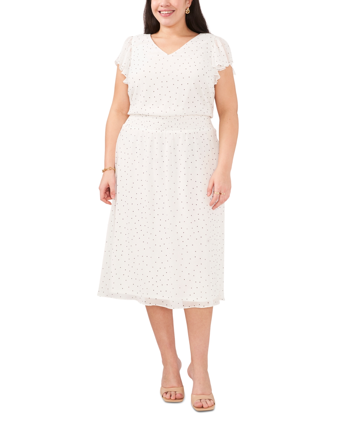 Msk Plus Size Polka-dot Flutter-sleeve Smocked Waist Midi Dress In ...