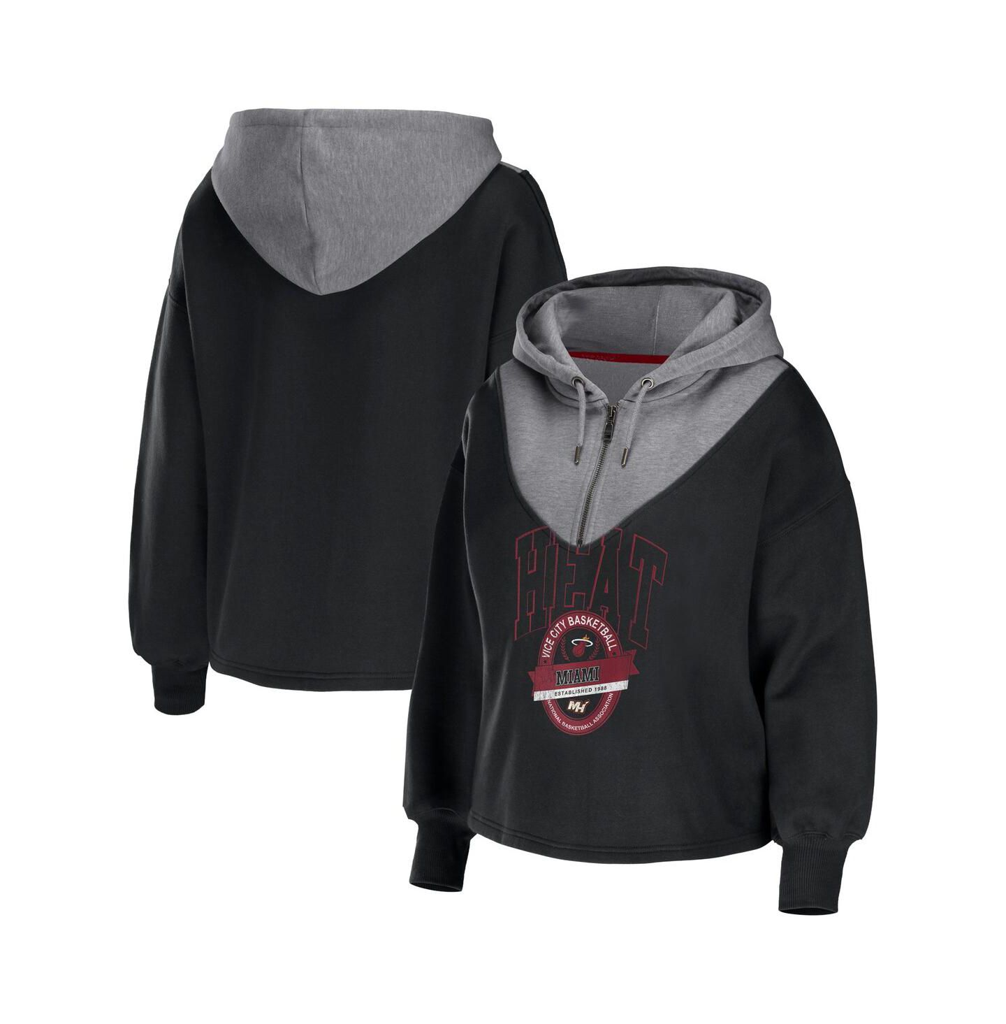Женская куртка WEAR by Erin Andrews Black Miami Heat Pieced Quarter-Zip Hoodie Jacket — фото 1