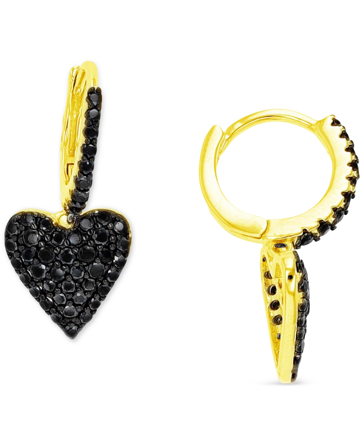 Macy's Black Spinel Heart Dangle Hoop Earrings (3/4 Ct. T.w.) In 14k Gold-plated Sterling Silver In Yellow