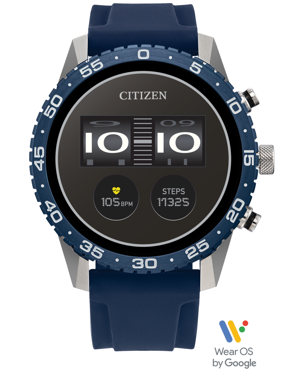 Citizen Unisex Cz Smart Wear Os Blue Silicone Strap Smart Watch 45mm In Silver-tone