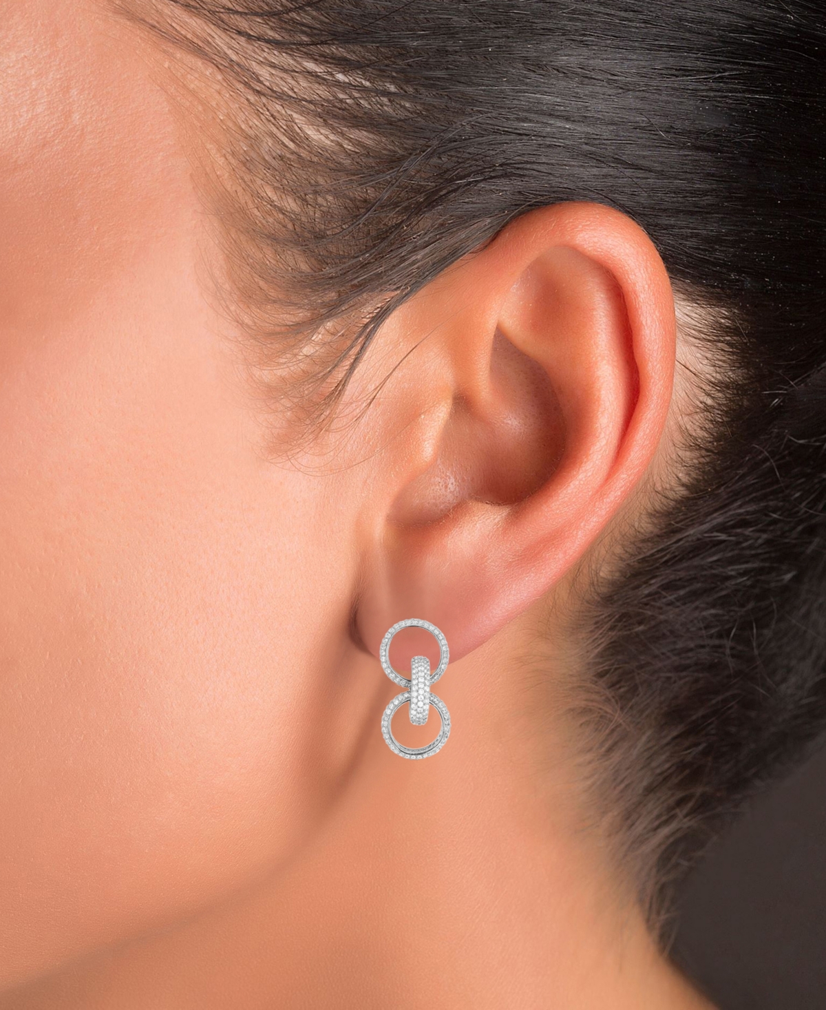 Cubic Zirconia Triple Hoop Stud Earrings or 14k Gold over Sterling Silver - Sterling Silver