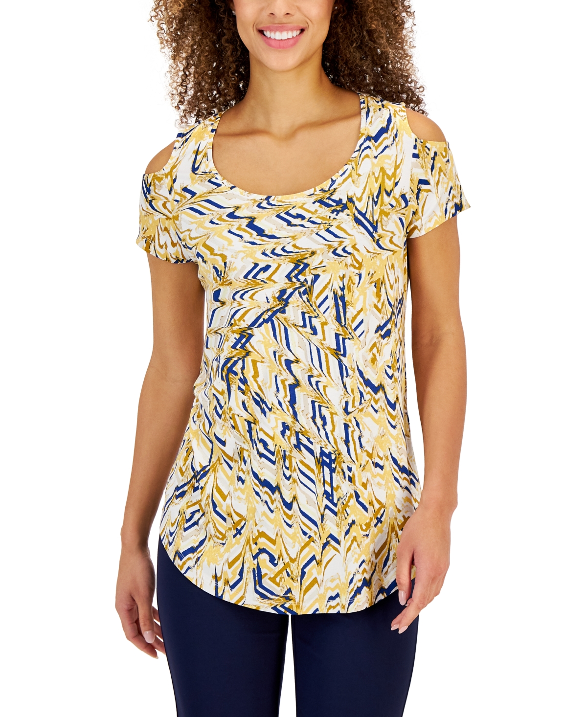 Jm Collection Women's Printed Knit Cold-shoulder Top, Created For Macy's In Golden Day Combo