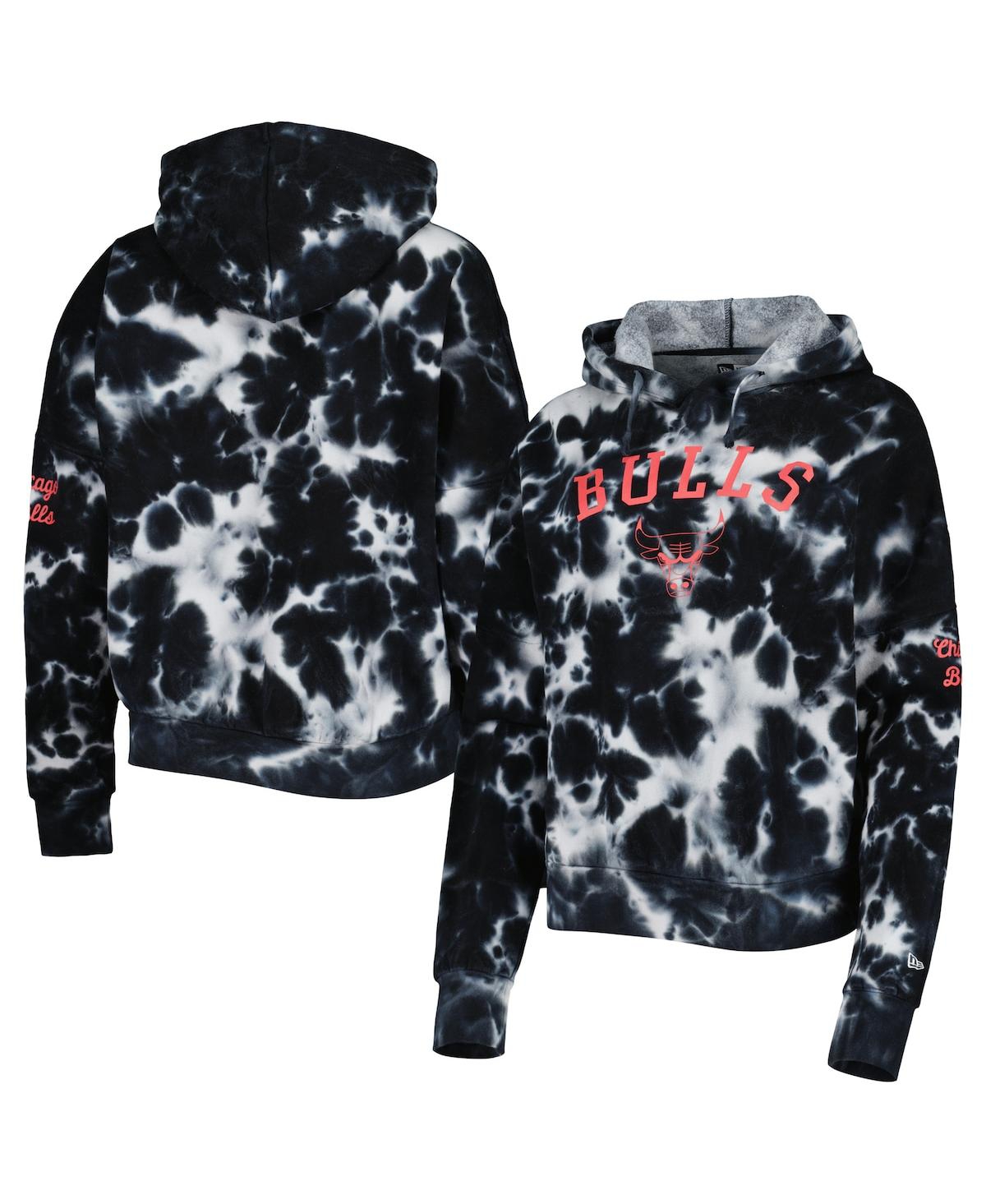 New Era Women's  Black Chicago Bulls Brushed Cotton Tie-dye Pullover Hoodie In Black