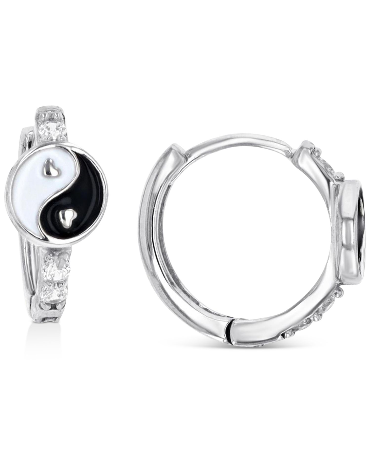 Cubic Zirconia & Enamel Yin Yang Small Hoop Earrings, 0.51"