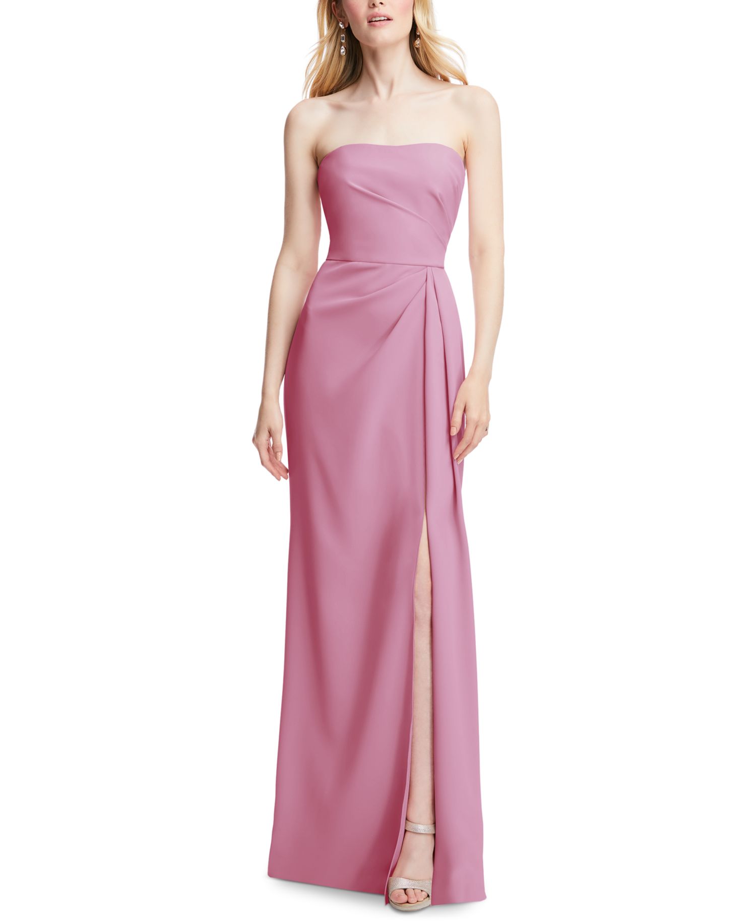 Plus Size Strapless Pleated Faux Wrap Trumpet Gown with Front Slit