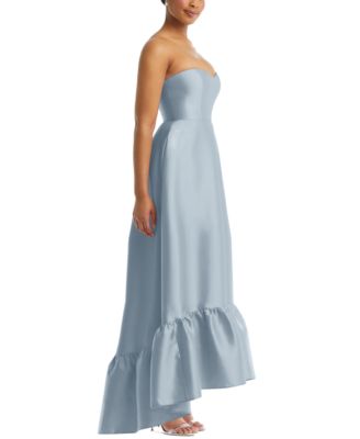 Women's Strapless Deep Ruffle Hem Satin High Low Dress with Pockets