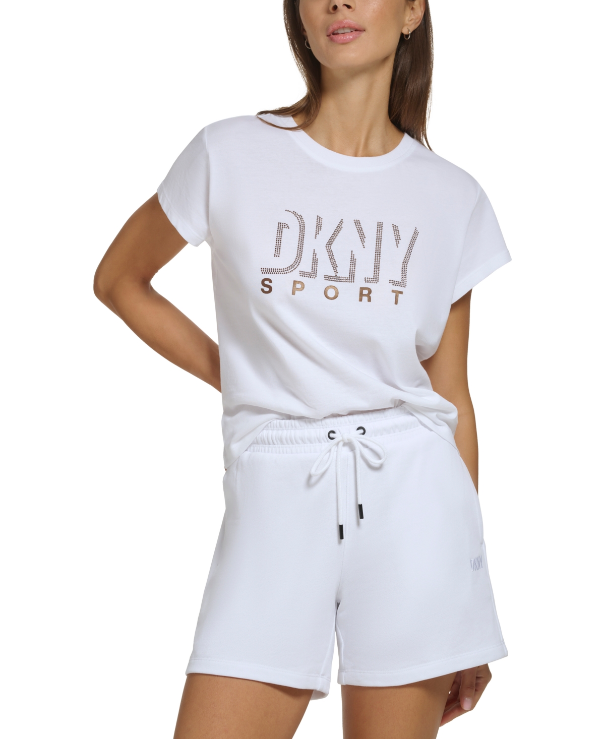 Dkny Sport Women's Performance Cotton Crew-Neck Metallic-Logo T-Shirt