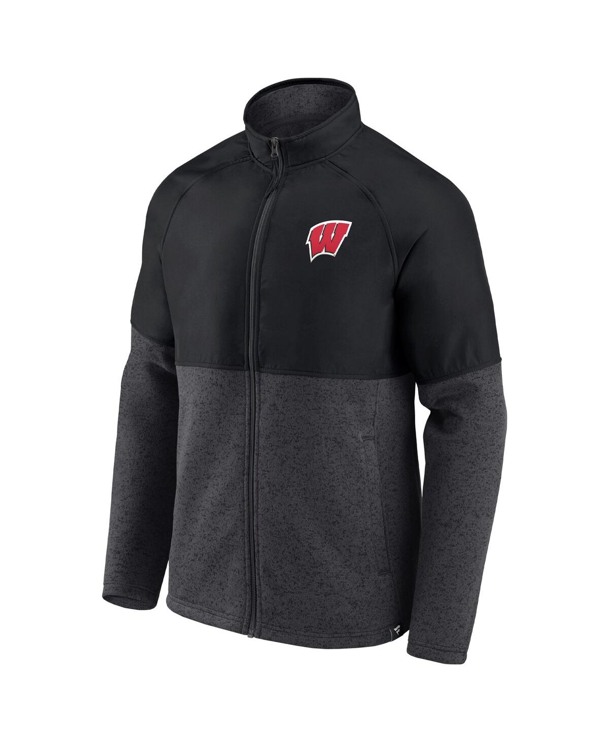 Fanatics Branded Black/heathered Charcoal Wisconsin Badgers Durable Raglan Full-zip Jacket In Black,heathered Charcoal