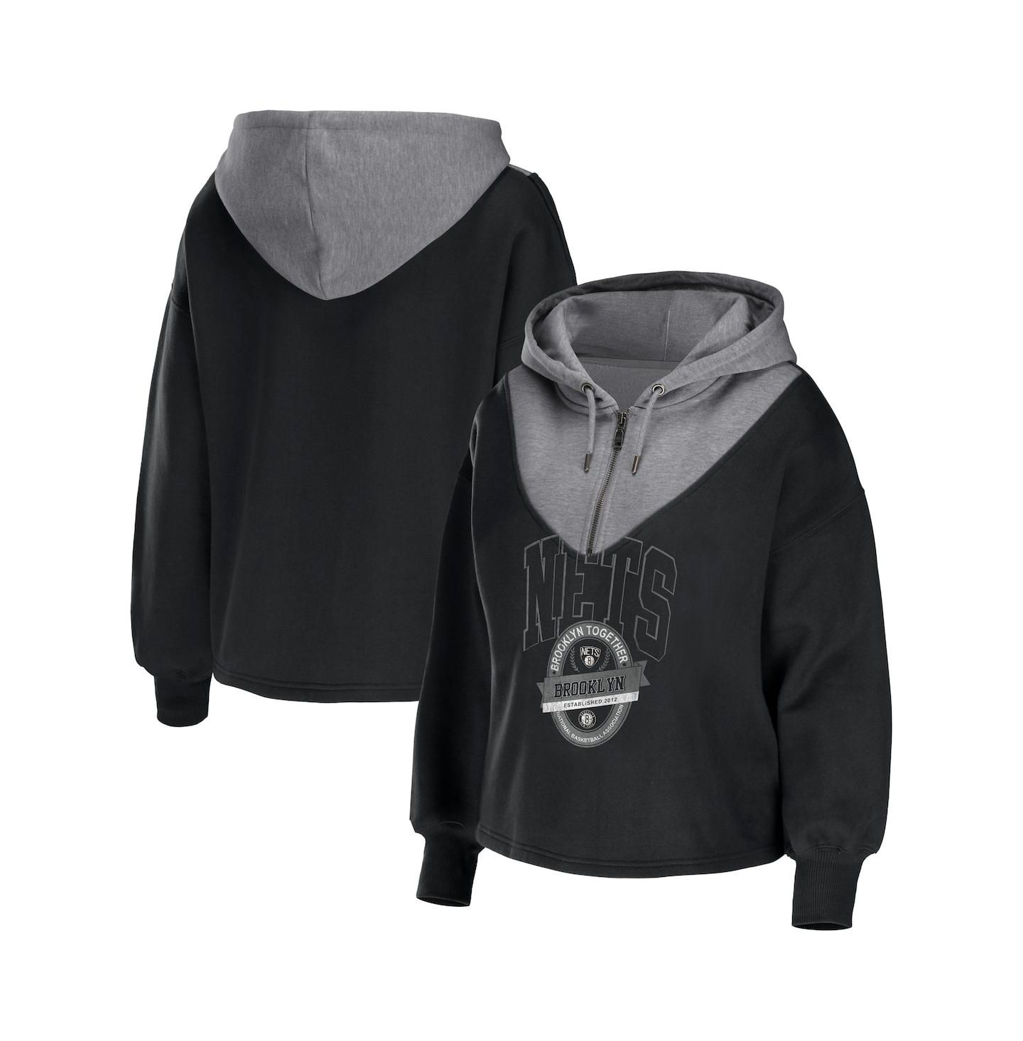 Женская куртка WEAR by Erin Andrews Black Brooklyn Nets Pieced Quarter-Zip Hoodie Jacket — фото 1