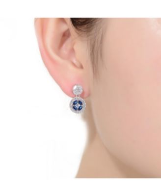 Sterling Silver White Gold Plated  Blue Marquise with Clear Princess and Round Cubic Zirconia Accent Drop Earrings