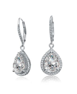 Sterling Silver white Gold Plated Pear Drop Cubic Zirconia Cluster Pear Leaver Back Earrings