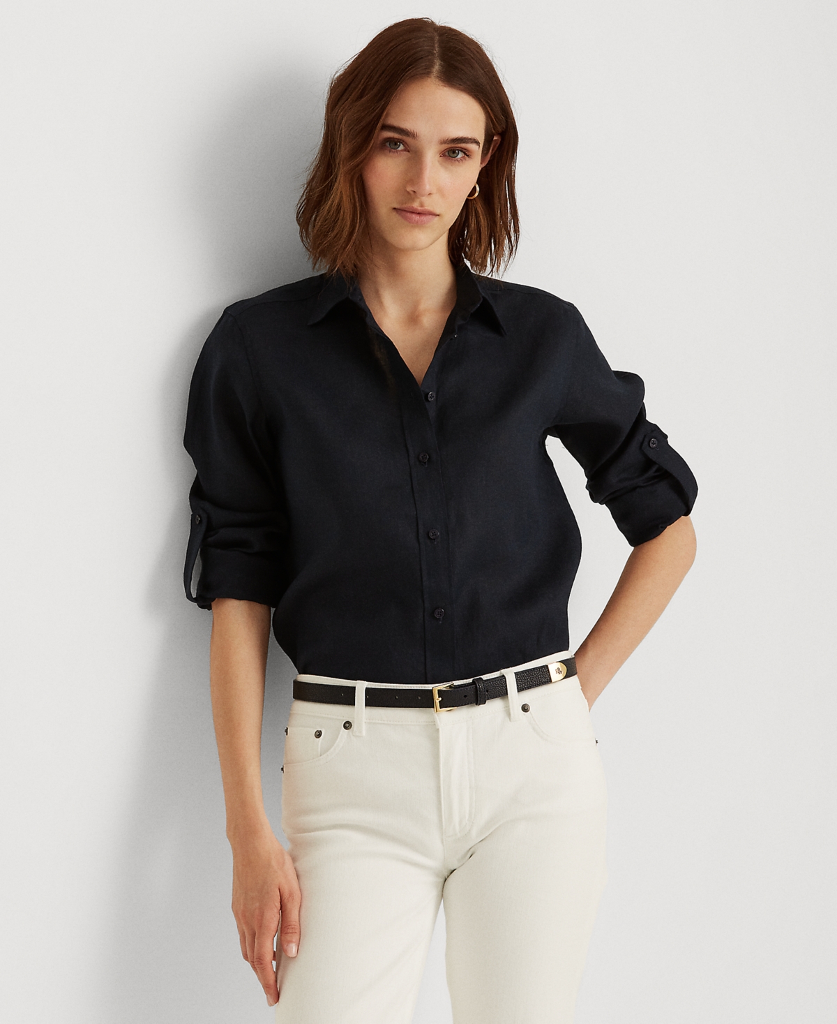 LAUREN RALPH LAUREN PETITE LINEN ROLL-TAB SLEEVE BUTTONED TOP