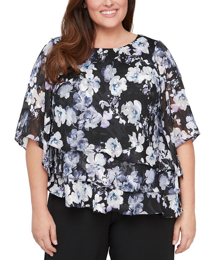 Alex Evenings Plus Size Floral-Print Tiered Chiffon Top - Macy's