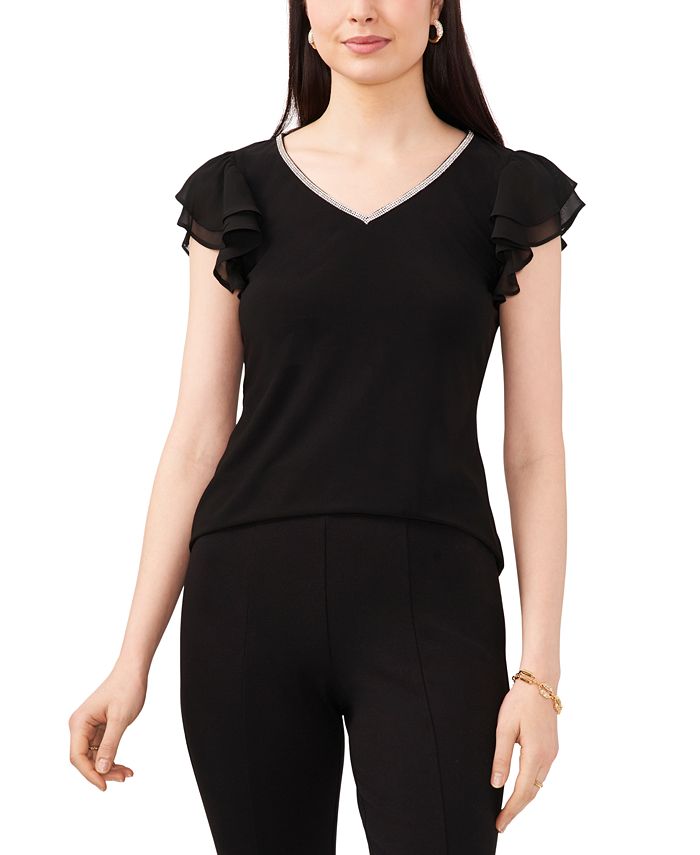 Margittes Elbow Sleeve V-neck Top with Subtle Rhinestone Front main image 1