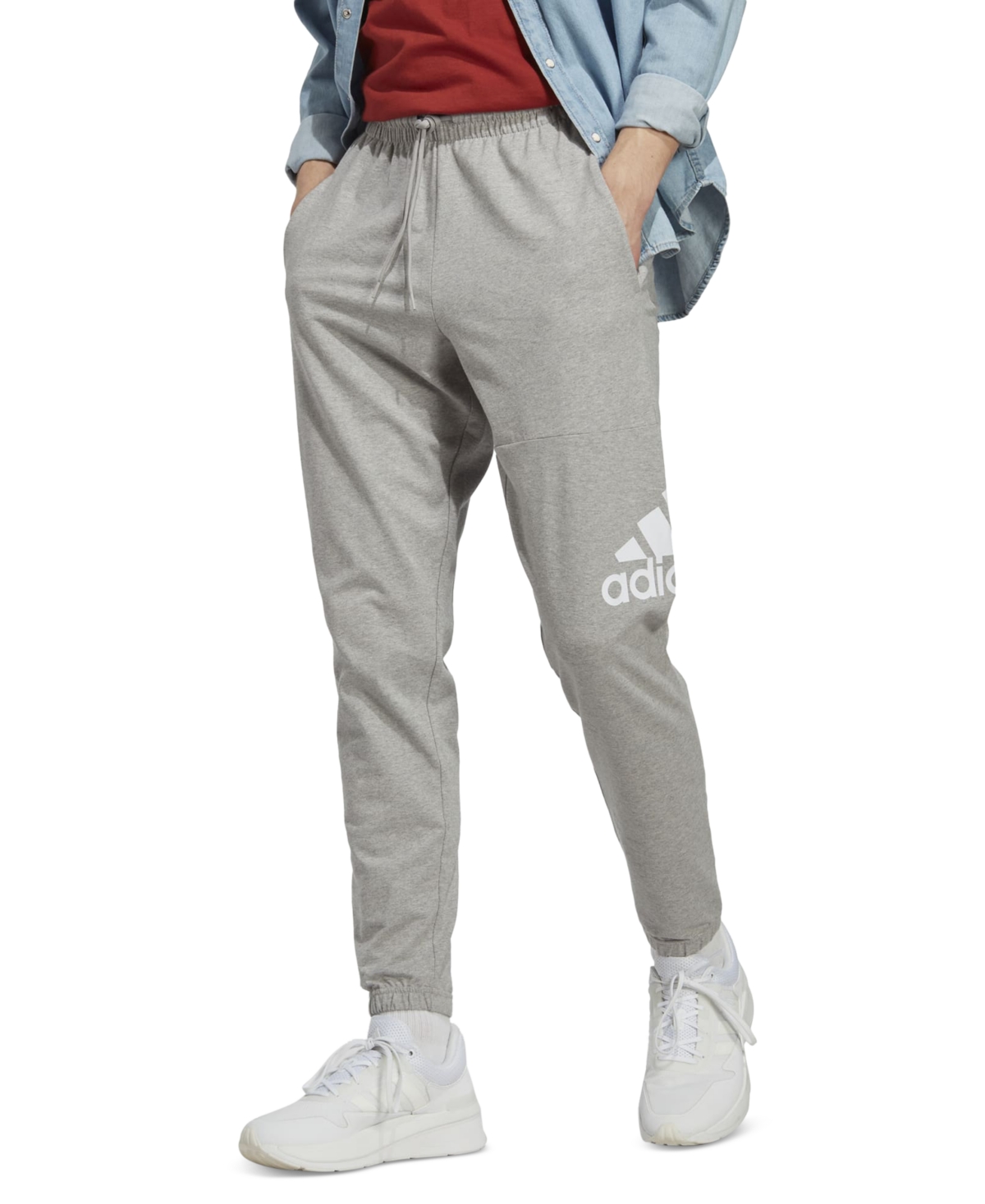 Shop Adidas Originals Men's Essentials Single Jersey Tapered Badge Of Sport Joggers In Mgh