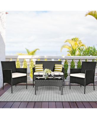 4PCS Patio Rattan Furniture Set Cushioned Sofa Coffee Table Backyard