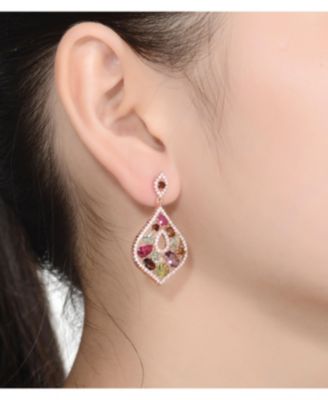 Sterling Silver 18K Rose Gold Plated Multi Colored Cubic Zirconia Accent Dangle Earrings