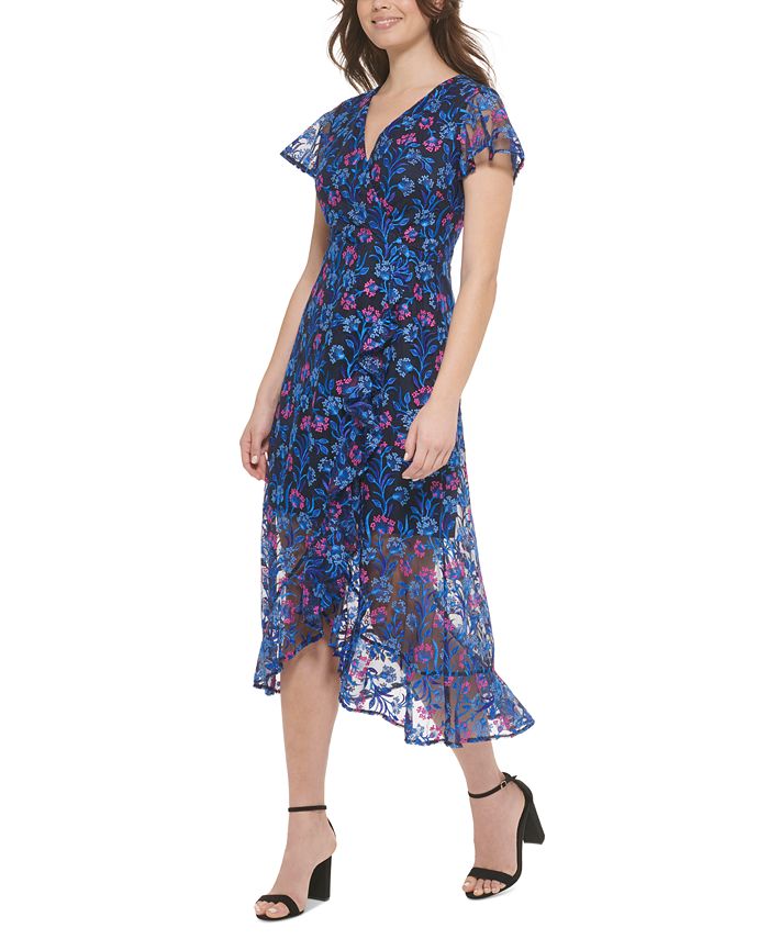 kensie Women's Embroidered Flutter-Sleeve Ruffled Dress - Macy's