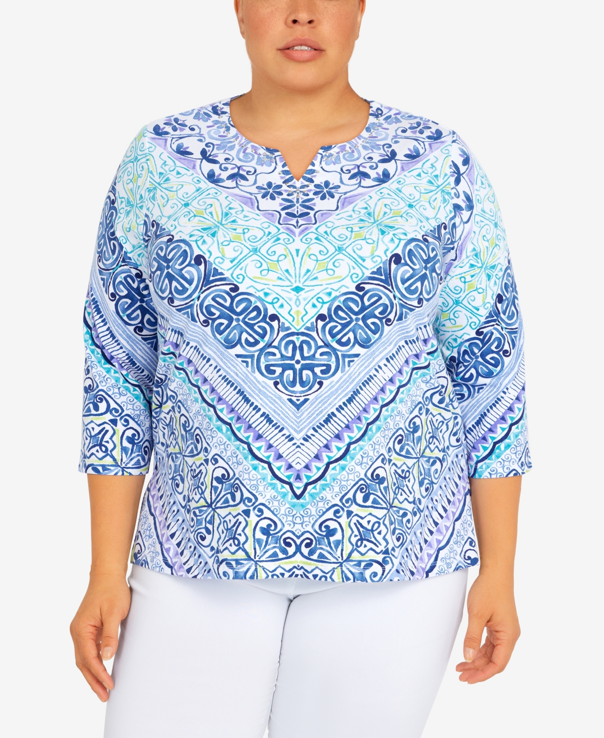 Alfred Dunner Plus Size Classic Split Neck Chevron Scroll 3/4 Sleeve Top In Navy