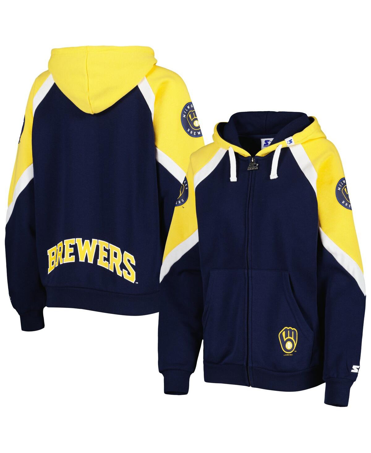 Shop Starter Women's  Navy, Gold Milwaukee Brewers Hail Mary Full-zip Hoodie In Navy,gold