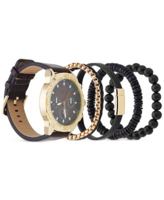 Men's Brown Faux-Leather Strap Watch 51mm Gift Set