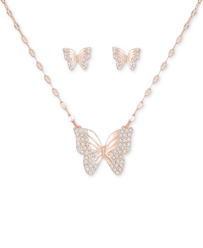 GUESS Rose Gold-Tone Crystal Butterfly Pendant Necklace & Stud Earrings ...
