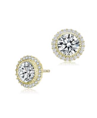 Sterling Silver  Round Cubic Zirconia Milgrain Set Halo Stud Earrings