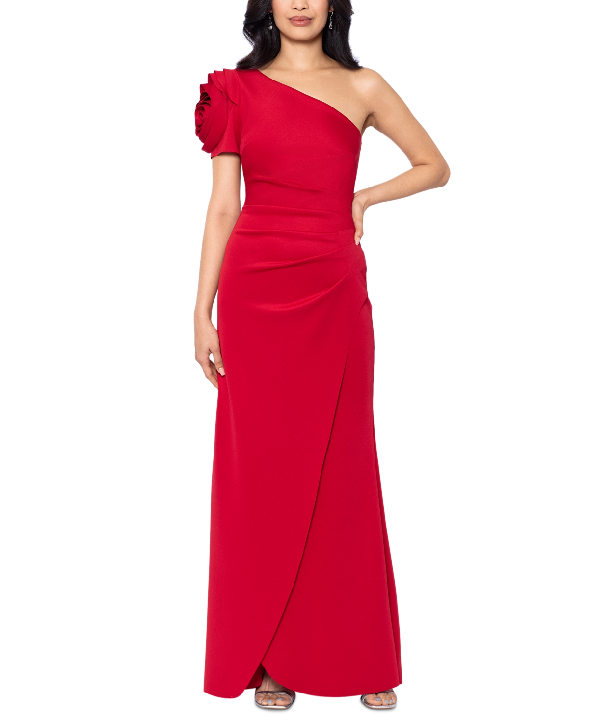 Women's Floral-Sleeve One-Shoulder Gown - Red