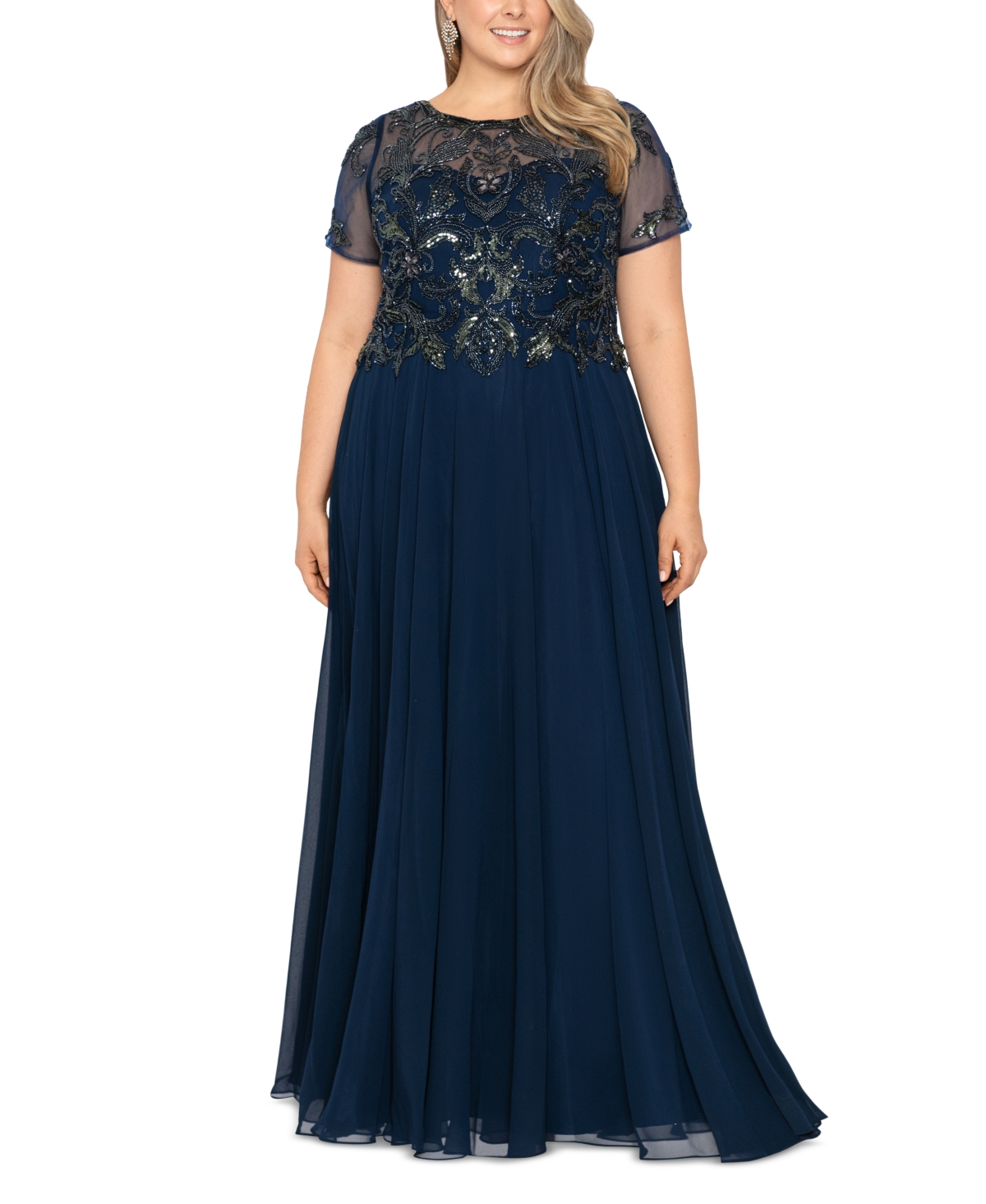 Xscape Plus Size Embellished Chiffon Ball Gown In Navy