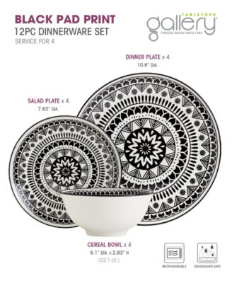 Black Pad Print 12 Pc. Dinnerware Set, Service for 4
