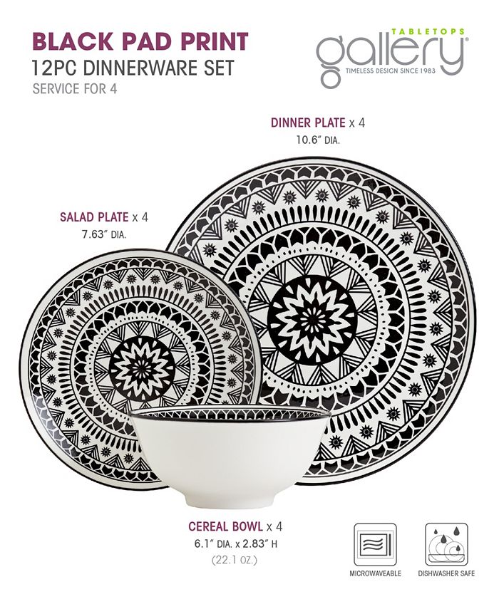Tabletops Unlimited 12 Pc. Black Pad Print Dinnerware Set, Service for