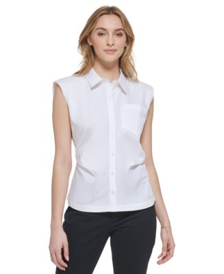 Calvin Klein Women's Sleeveless Shoulder Pad Button Down Shirt - Macy's