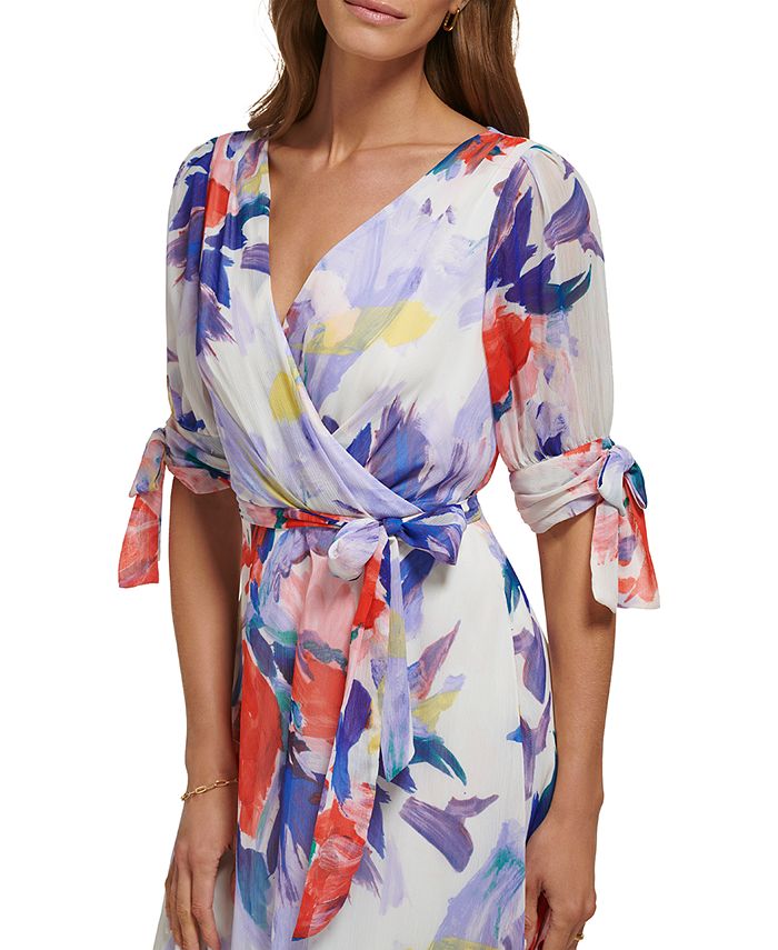 DKNY Women s V Neck Tie Sleeve Belted High Low Dress Macy s