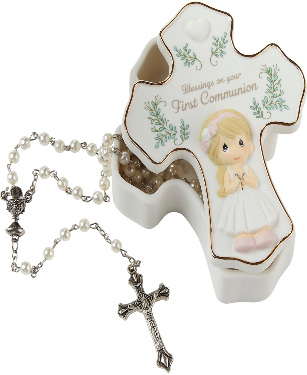 Precious Moments 222407 Blessings On Your First Communion Girl Bisque Porcelain And Plastic Rosary Box With Rosary In Multicolored