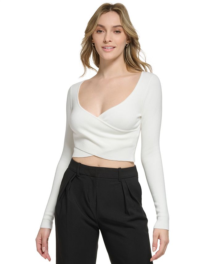 Calvin Klein Women's X-Fit Long Sleeve Faux Wrap Crop Top - Macy's