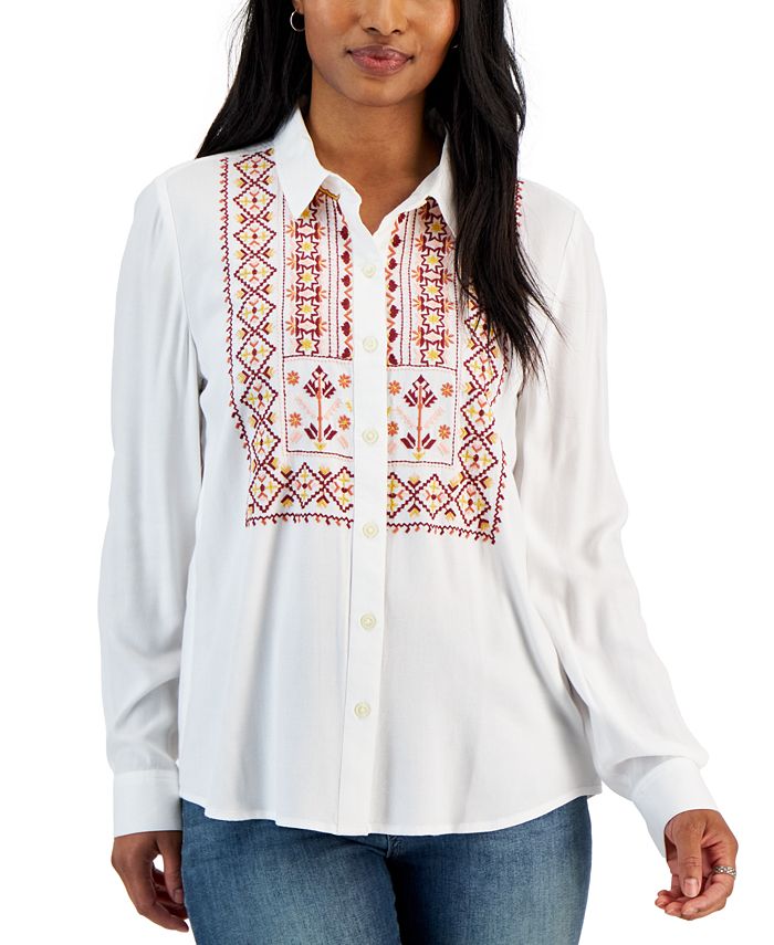 Style & Co Petite Woven Embroidered Perfect Shirt, Created for Macy's ...