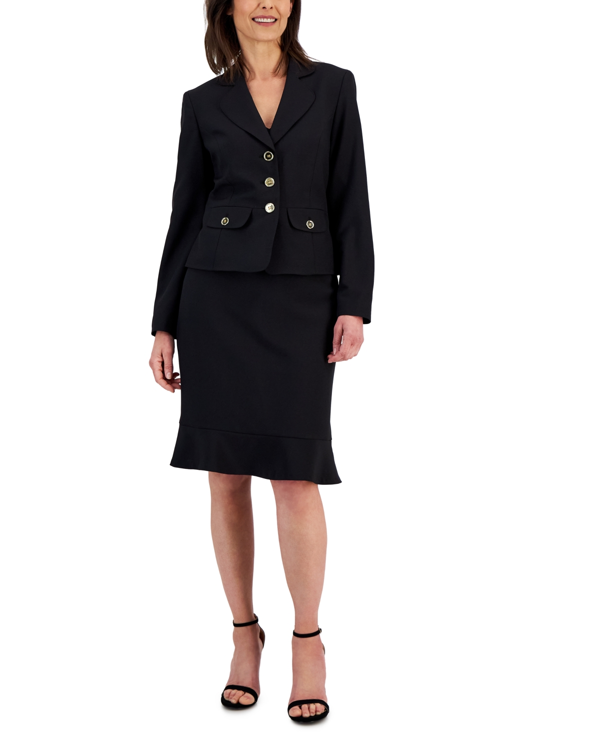 Le Suit Three-button Jacket & Flounce-hem Skirt, Regular & Petite In Black